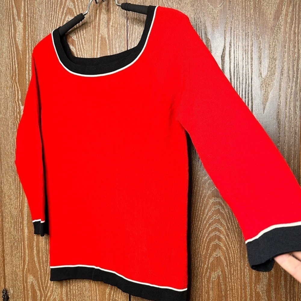 Sonia Red Top Black Trim Long Sleeve Knit Sweater Women's Size L Casual Stretch - Picture 3 of 7